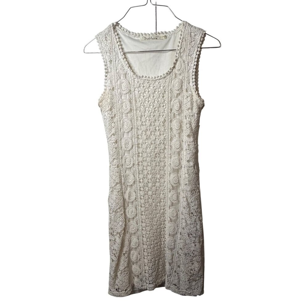 Solitaire Womens Small White Crochet Lace Sleeveless Mini Dress Lined Boho Chic‎